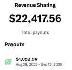 X Revenue Sharing screen: $22,417.56 total payouts